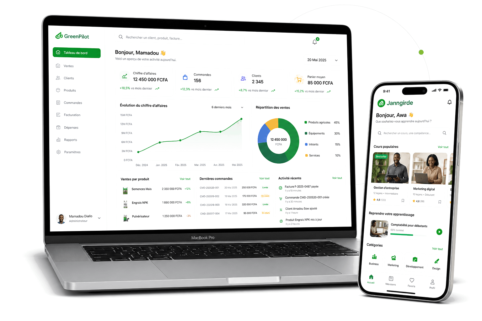 Aperçu GreenPilot et Janngirde — applications web et mobile NdongoSN